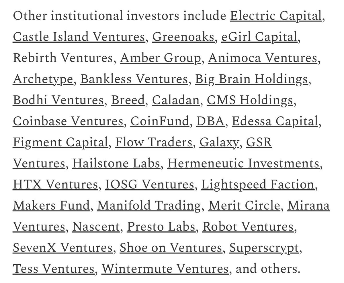 Monad 的机构投资者名单，包括 Electric Capital、Castle Island Ventures 等众多机构