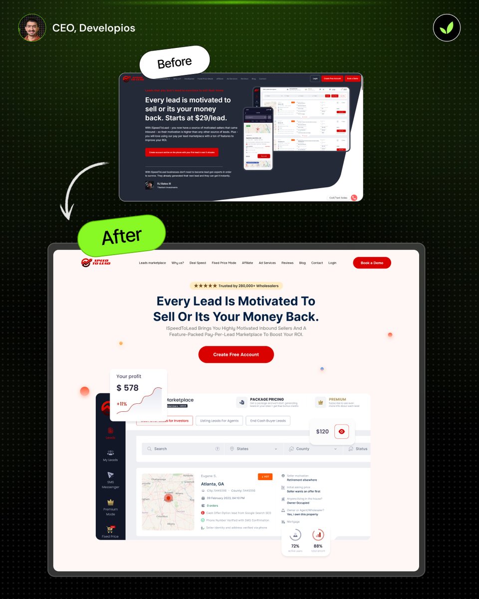 faraz___dev's tweet image. From bounce rate to booked calls 📞
We ran a CRO audit for iSpeedToLead and redesigned their UI for profit-focused performance 💰
✅ Cleaner flow
✅ Stronger hierarchy
✅ Faster conversions

Want a landing page that sells? Let’s talk.
#CRO #SaaSLandingPage #Developios