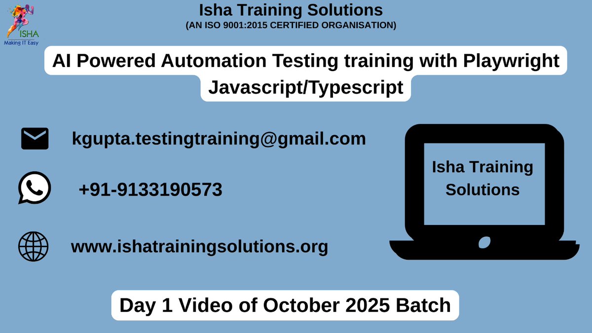 IshaKumargupta's tweet image. “Playwright Javascript/Typescript"-Live Training 
youtu.be/Ss0hYQlbytg
Enrollments are still in progress
Regular sessions will start from:
8th Oct@ 9:00 PM(IST)/8th Oct@ 11:30AM(EST)
Price:6,900 INR/89 USD
 pls call/WhatsApp @+91-9133190573/9052903733
#PlaywrightJS #Playwrigh