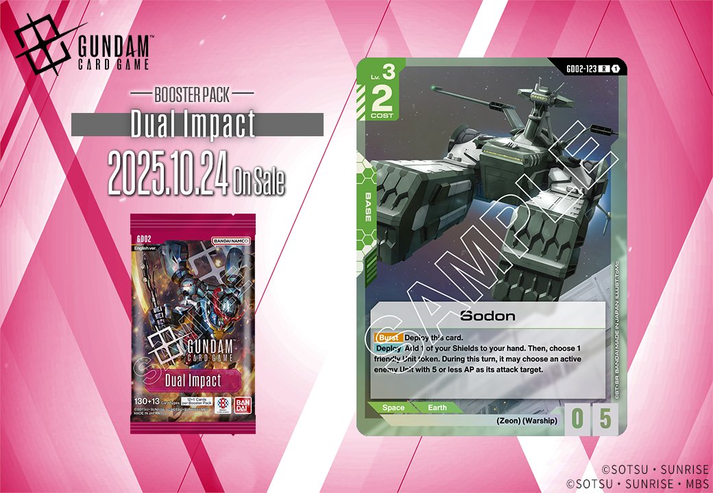 GUNDAM_GCG_ENG's tweet image. [Booster Pack 02 Card Showcase]

Introducing Sodon!

Included in the Dual Impact [GD02] booster pack which releases 10/24(Fri)!

▽Product Info
gundam-gcg.com/en/products/gd…

#GCG
#GundamCardGame
#MobileSuitGundam
#GQuuuuuuX