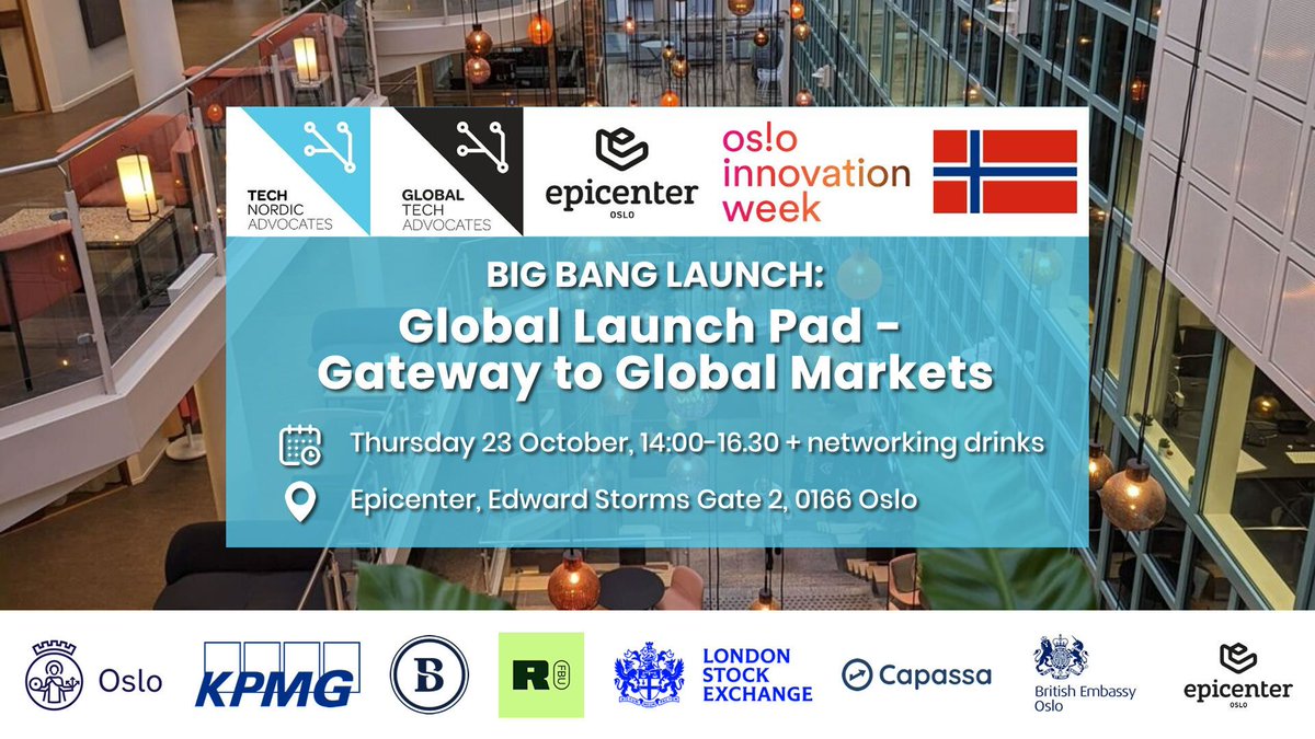 TechNordicAdv's tweet image. Thrilled to announce the BIG BANG LAUNCH of our international expansion initiative, ‘Global Launch Pad – Gateway to Global Markets’, headline funded by @oslokommune. 

Date &amp;amp; Time: October 23rd, 14:00 – 16:30 Location: @OsloEpicenter

Register to join us - buff.ly/zKzGLGe