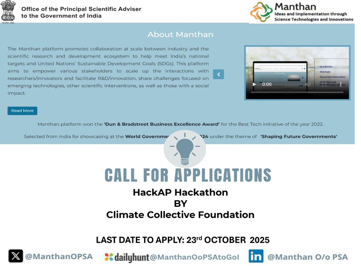 ManthanOPSA's tweet image. ⚡ Innovate for the grid!

Join the #HackAP Hackathon by CoEET, @APEnergyEPDCL and ElectronVibe  — empowering startups to solve real-world #PowerSector challenges 
💡 Use #AI #ML #NLP
🏆 Winners get pilot opportunities!
📅 Apply by 23 Oct 2025 | lnkd.in/gPQwVQDe