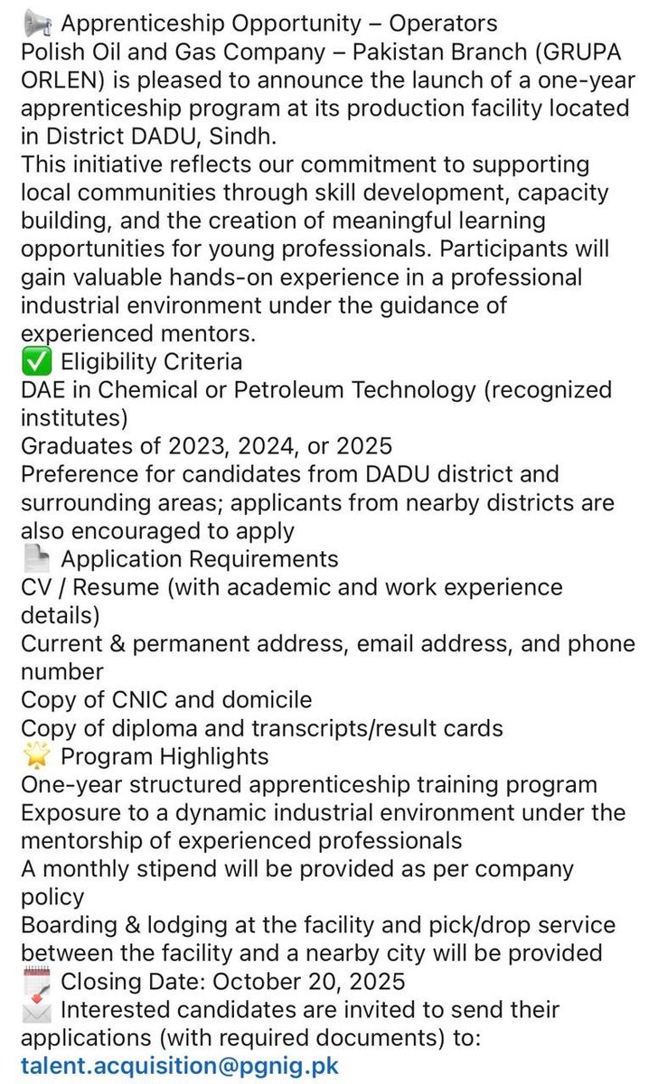 ھي سنڌ خاص ڪري دادو ضلعي جي نوجوانن جي ھڪ سٺو موقعو آھي. ڪيميڪل يا پيٽروليم ٽيڪنالاجي سان لاڳاپيل تعليمي قابليت رکندڙ نوجوان کي ھن اپرينٽس شپ لاءِ ضرور اپلائي ڪرڻ گھرجي. ڪوشش ڪري ھن کي وڌ کان وڌ نوجوانن تائين پھچايو.
ياد رکو: توھان جون ڇڏيل نوڪريون ٻين صوبن جا ماڻھو کسي ويندا آھن
