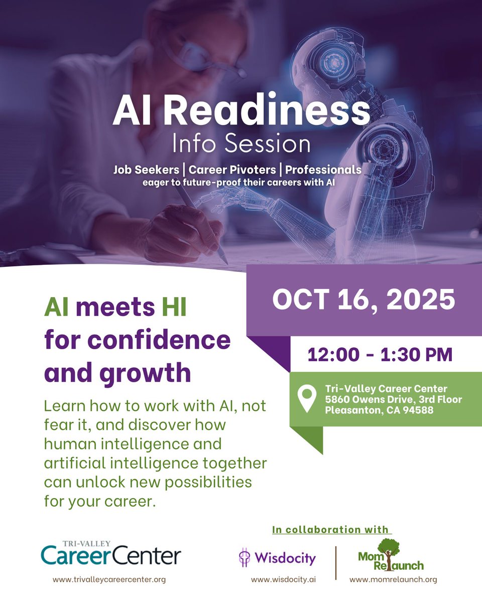 momrelaunch's tweet photo. Job Seekers, Career Pivoters, and Professionals - this is your moment to future-proof your career.

Wisdocity and Mom Relaunch in collaboration with Tri-Valley Career Center, bring to you the AI Readiness Info Session. 

Register Now! - https://t.co/eCY11915jA https://t.co/YJnAu9bBvz