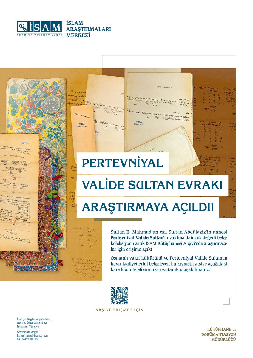 Sultan II. Mahmud’un eşi, Sultan Abdülaziz’in annesi Pertevniyal Valide Sultan’ın vakfına dair İSAM Kütüphanesi Arşivi’nde yer alan çok değerli belge koleksiyonunun dijitalleri online olarak erişime açıldı.

isam.org.tr/haberler/perte…