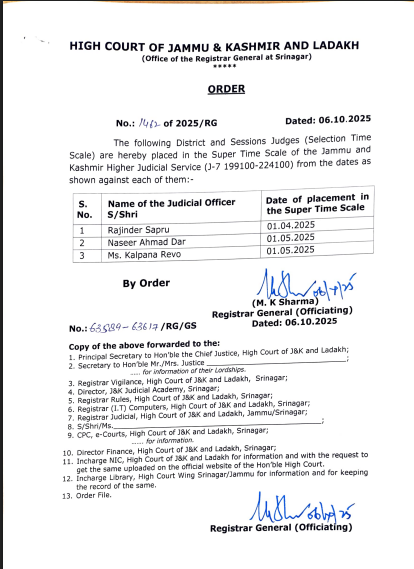 GulistanNewsTV's tweet photo. J&K High Court Elevates Three Judicial Officers to Super Time Scale
#JammuAndKashmir #HighCourt #JudicialPromotion #SuperTimeScale #RajinderSapru #NaseerAhmadDar #KalpanaRevo #JudiciaryNews https://t.co/NSQhp1kcHu