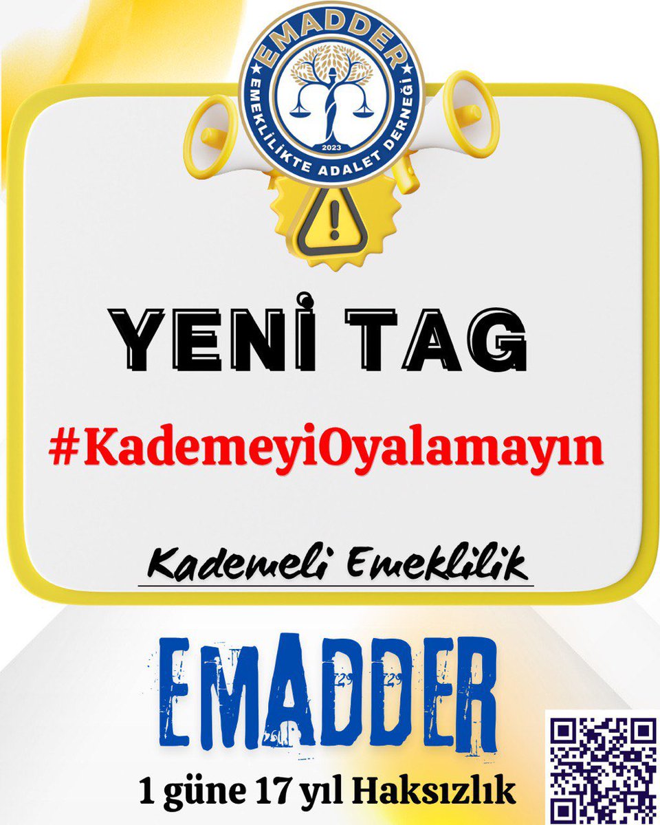 ‼️📣 YENİ TAG 📣‼️
👇👇👇👇👇👇
#KademeyiOyalamayın

ARTIK YETER ✋✋

Kademe bir lütuf değil; bedeli ödenmiş, gasp edilmiş bir haktır!
Eşitlik ilkesi çiğnendi, adalet terazisi bozuldu!
Oyalamayı bırakın, adaleti yasalaştırın, hakkı teslim edin!

🏛️ EMEKLİLİKTE ADALET DERNEĞİ