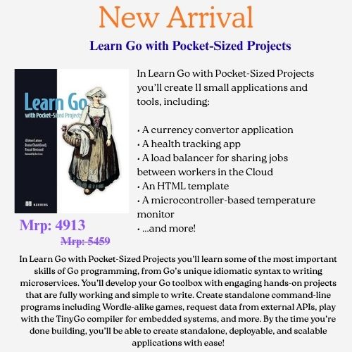 computerbookshp's tweet image. Learn Go with Pocket-Sized Projects By  Aliénor Latour Donia Chaiehloudj (Authors) @ManningBooks (Publisher) Buy from Computer bookshop using this link: tinyurl.com/588vbw44 #softwaresevlpment #softwareengineering #webapplications #webdevlopment #htmlandcss #webdesign