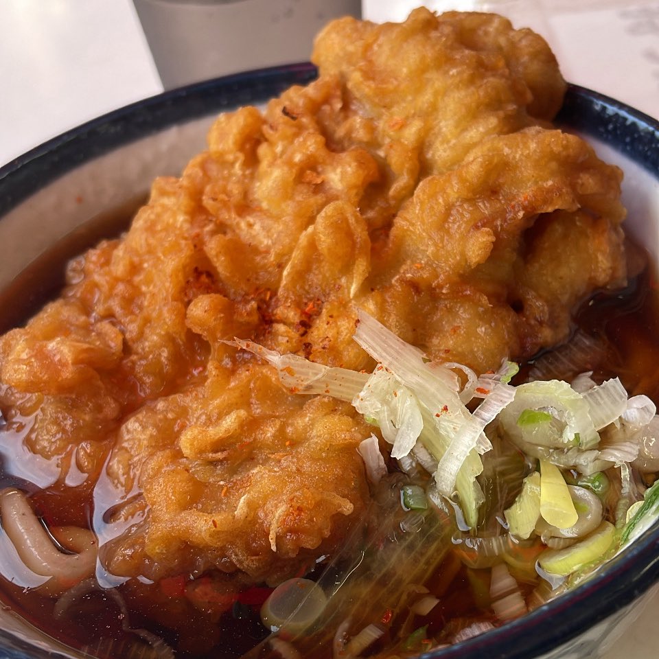京浜関谷駅で見つけた
【そばうどん 立ち喰い雑賀屋 本店】
鶏天太麺そば570円

鶏天がデカデカと入っていてボリューム満点！サクサクジューシーで美味しい！唐揚げ頼んでる人多かったから名物なんだろうな😊太麺そばもそばだけど、うどんみたいにコシがあって美味しかった。ご馳走様でした！