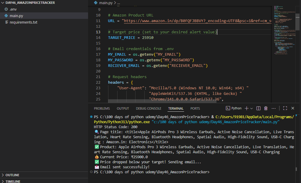 chiragdhawan07's tweet image. Day 46 of #100DaysOfCode
Project: Amazon Price Tracker
Today’s wins:
• Scraped product data from Amazon using BeautifulSoup
• Added email alert for price drops
• Managed credentials securely with dotenv
Code in Day46_AmazonPriceTracker📂
github.com/chiragdhawan07…
#WebScraping