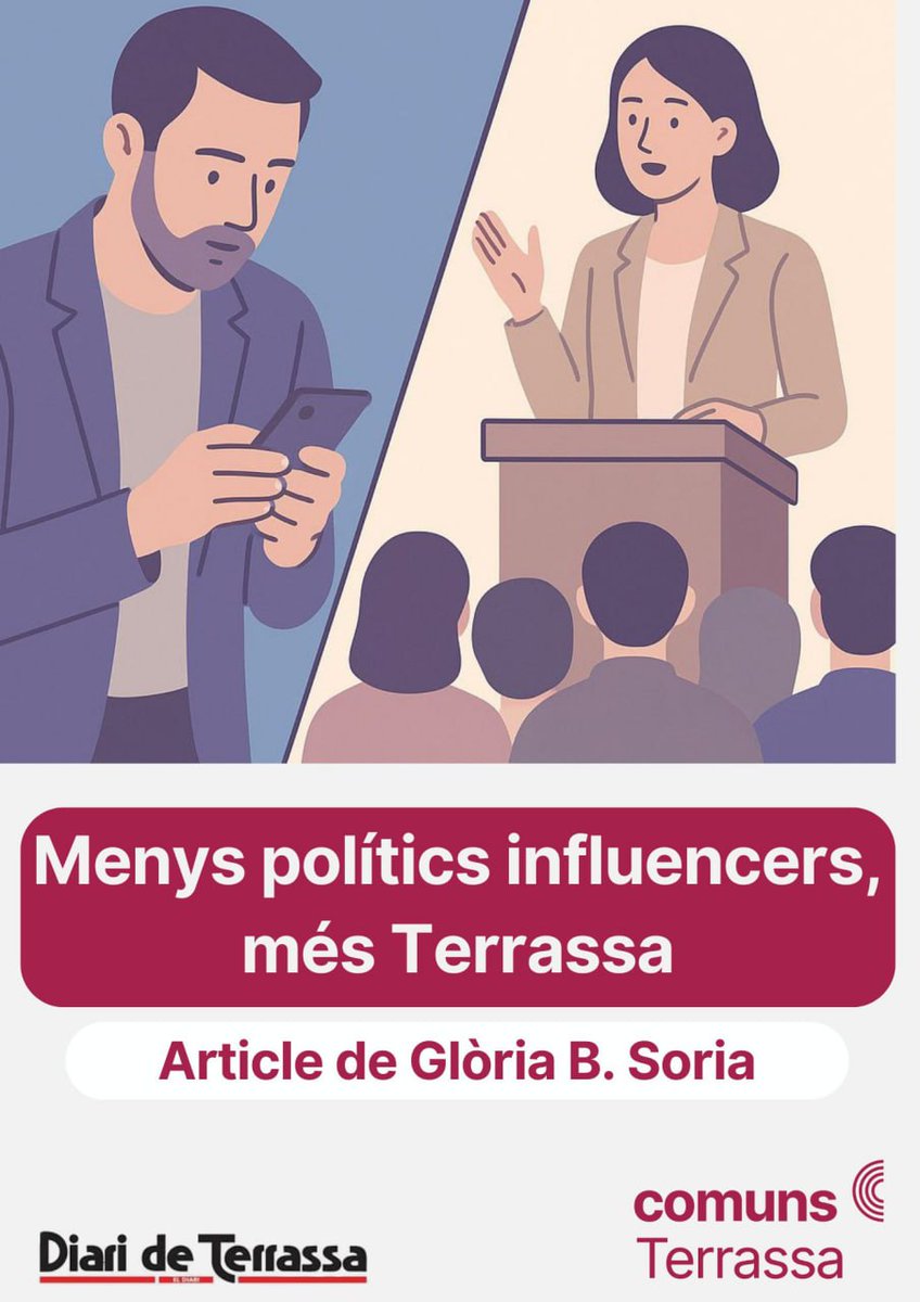 En temps de likes i titulars fàcils, la política ha de tornar a parlar de projectes, no de personalitats.

📰 Article de la nostra companya <a href="/GloriaBSoria/">Glòria B. Soria</a>  a @DiariTerrassa: “Menys polítics influencers, més Terrassa”
👉 diarideterrassa.com/opinio/menys-p…