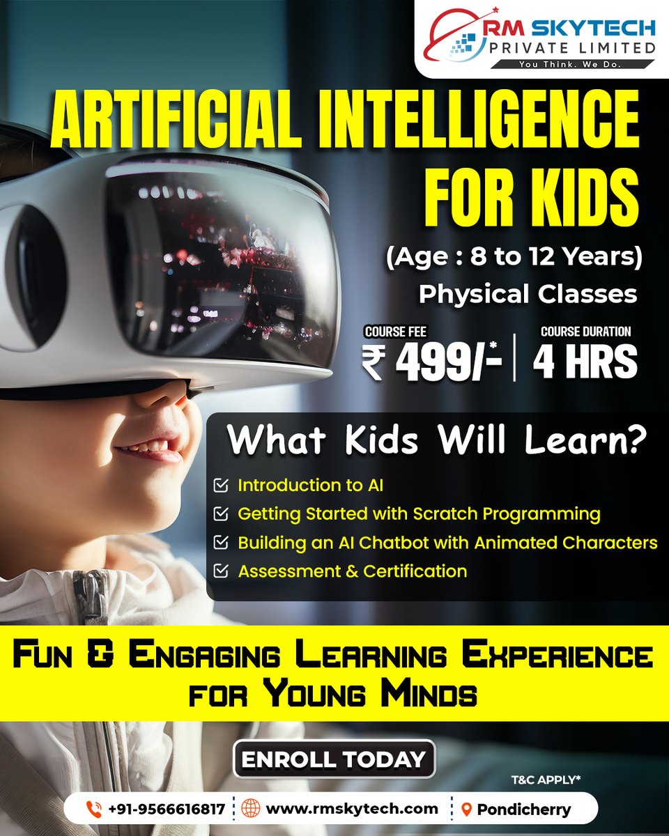 RMSkyTech1's tweet image. AI for Kids (Ages 8-12) in Puducherry! 🧠 Build a Chatbot & Learn Scratch for Just ₹499
#AIforKids #KidsCoding #Puducherry #RMSkytech #ArtificialIntelligence #ScratchProgramming #PondicherryClasses #YouThinkWeDo
#CodingForChildren #PhysicalClasses #AffordableCourse