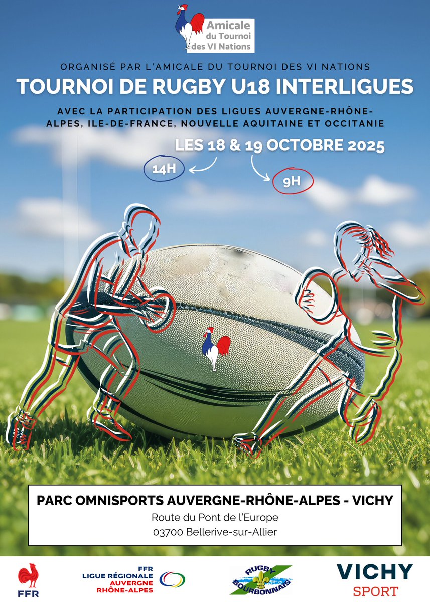[#Rugby]🏉 Tournoi Interligues U18 à Vichy les 18-19 oct. Rugby à XV &amp; à X, 6 équipes, 120 jeunes, matchs ouverts au public. 
Infos &amp; programme : amicaletournoi6nations.fr