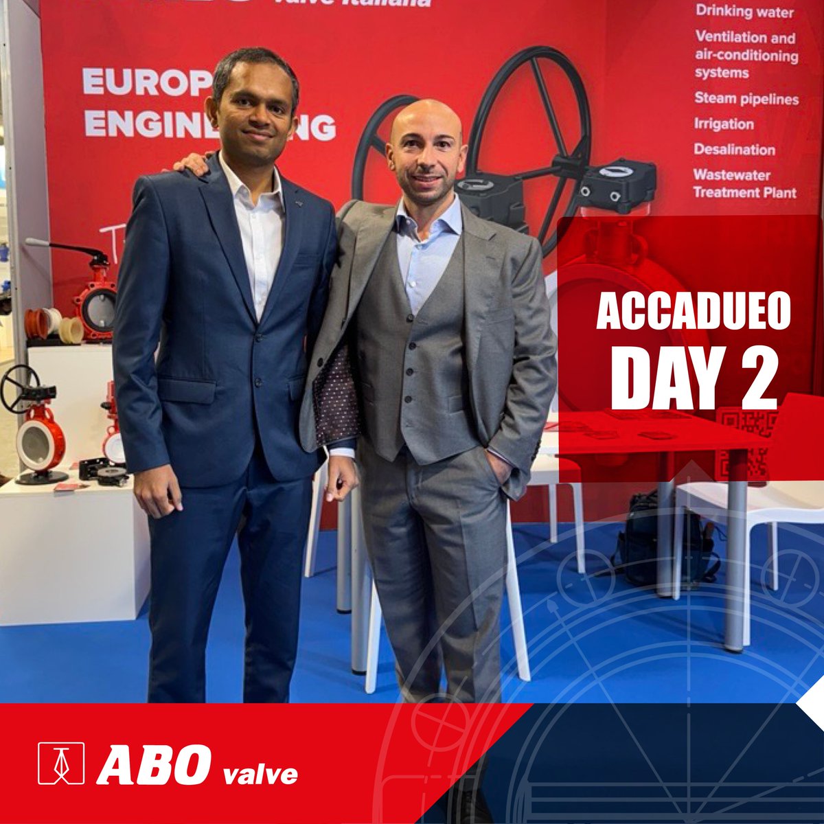 Accadueo – Day 2!

It’s been an inspiring start at the Accadueo exhibition in Bologna, and we’re thrilled to continue connecting with professionals and partners from across the water industry.

Visit ABO valve at booth A33 to meet Simone Teti and Vinod Talande.