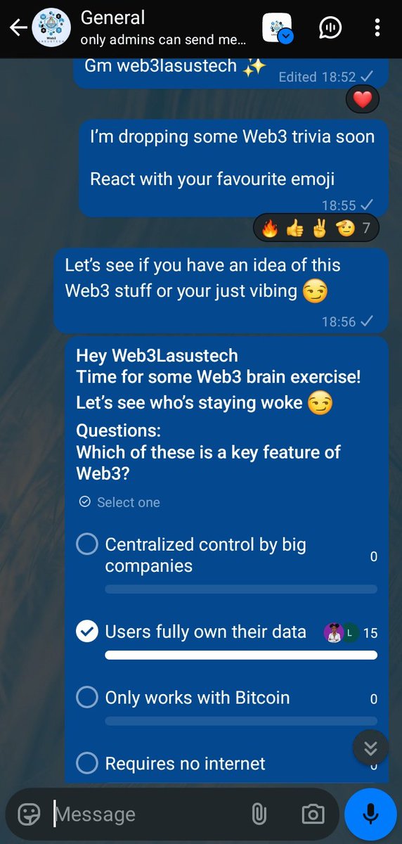 web3lasustech's tweet image. Yesterday’s trivia was pure brain flexing 🔥🔥
Big shout out to everyone who participated ...
y’all really showed what decentralised intelligence looks like 🧠
Also our quick minds 👇
@aliyah_ibidun @orangie803
@EliasLyon19
Let’s keep the energy up ...next round loading