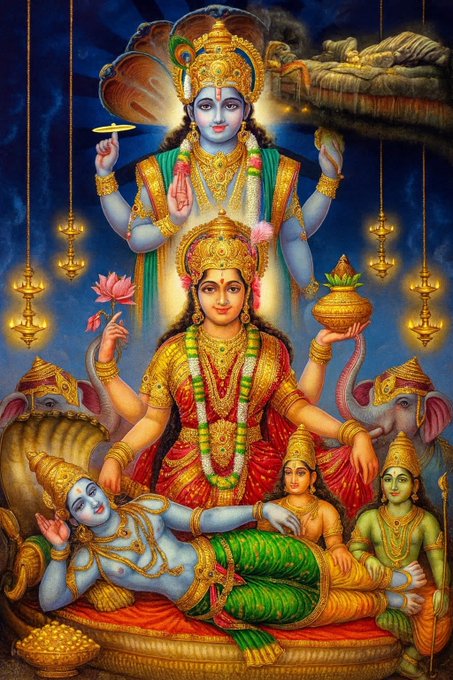 Vishnu reclines on the serpent Ananta Shesha in a cosmic ocean setting with Lakshmi seated nearby holding a lotus. Multiple arms of Lakshmi extend holding symbolic items like a pot and conch. Flanking figures include Garuda and attendants. The scene is adorned with lamps, elephants, and golden elements on a blue background evoking divine opulence.