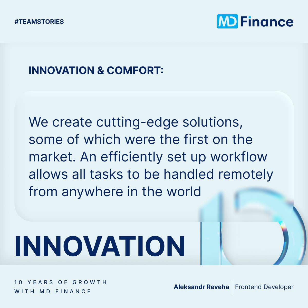 mdfin_page's tweet photo. Today, we’re happy to celebrate another colleague who has been part of MD Finance for 10 years. Aleksandr Reveha, an early team member, who played a key role in establishing this culture.

💬 “We create cutting-edge solutions, some of which are the first on the market. An efficiently set up workflow allows all tasks to be handled remotely from anywhere in the world.” Aleksandr says.

For him, the uniqueness of MD Finance’s culture lies in the combination of innovation and comfort - a balance that inspires the team to achieve more every day.

We will continue to share the stories of those who shape MD Finance’s success every single day.

#teamstory