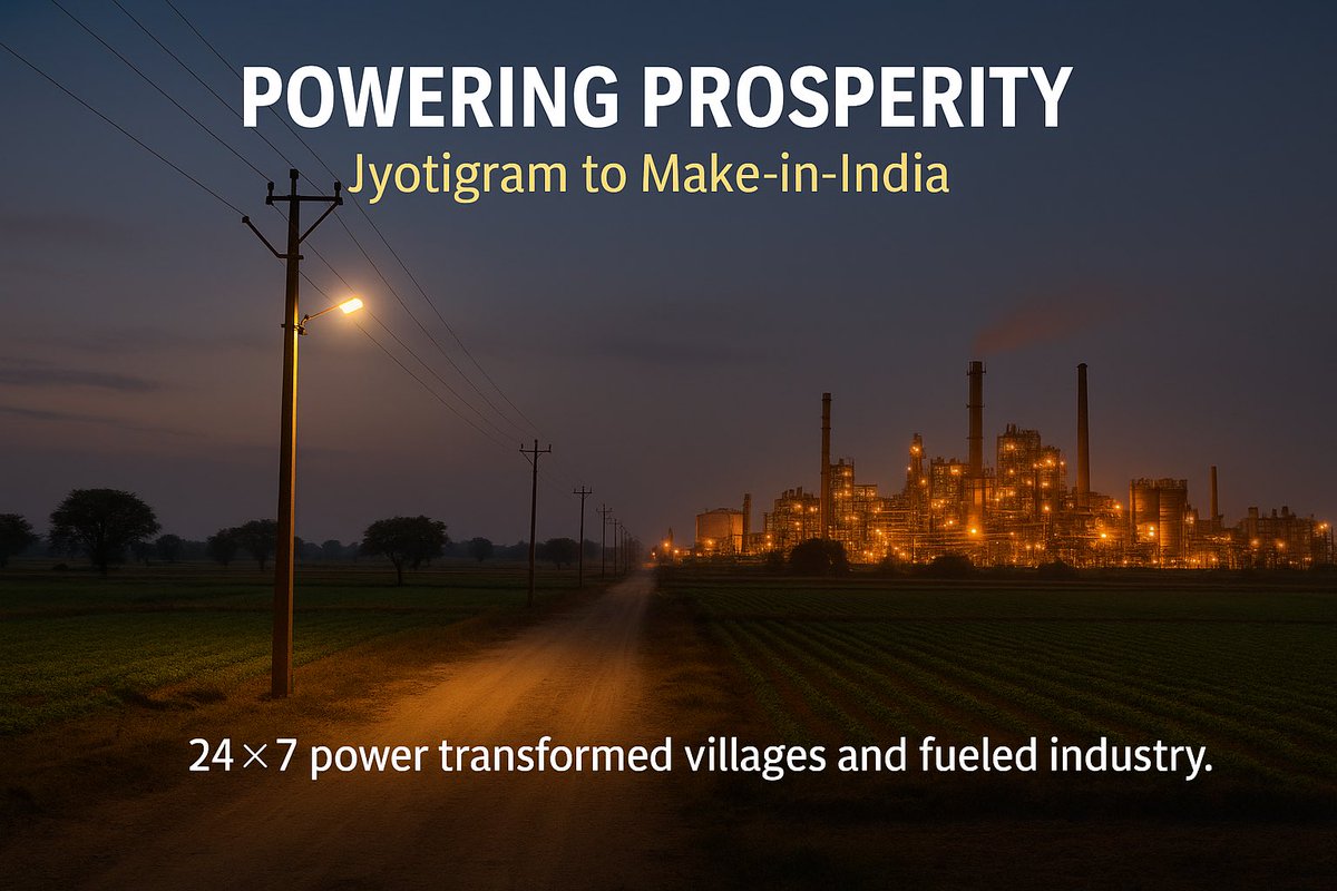 HemanNamo's tweet image. Tweet 3️⃣/10
⚡ Power for All
Once plagued by blackouts, Gujarat became India’s first energy-surplus state.
The model inspired Ujjwala, Saubhagya & Solar Parks that now light up Bharat.
#ModiModel #EnergyRevolution
