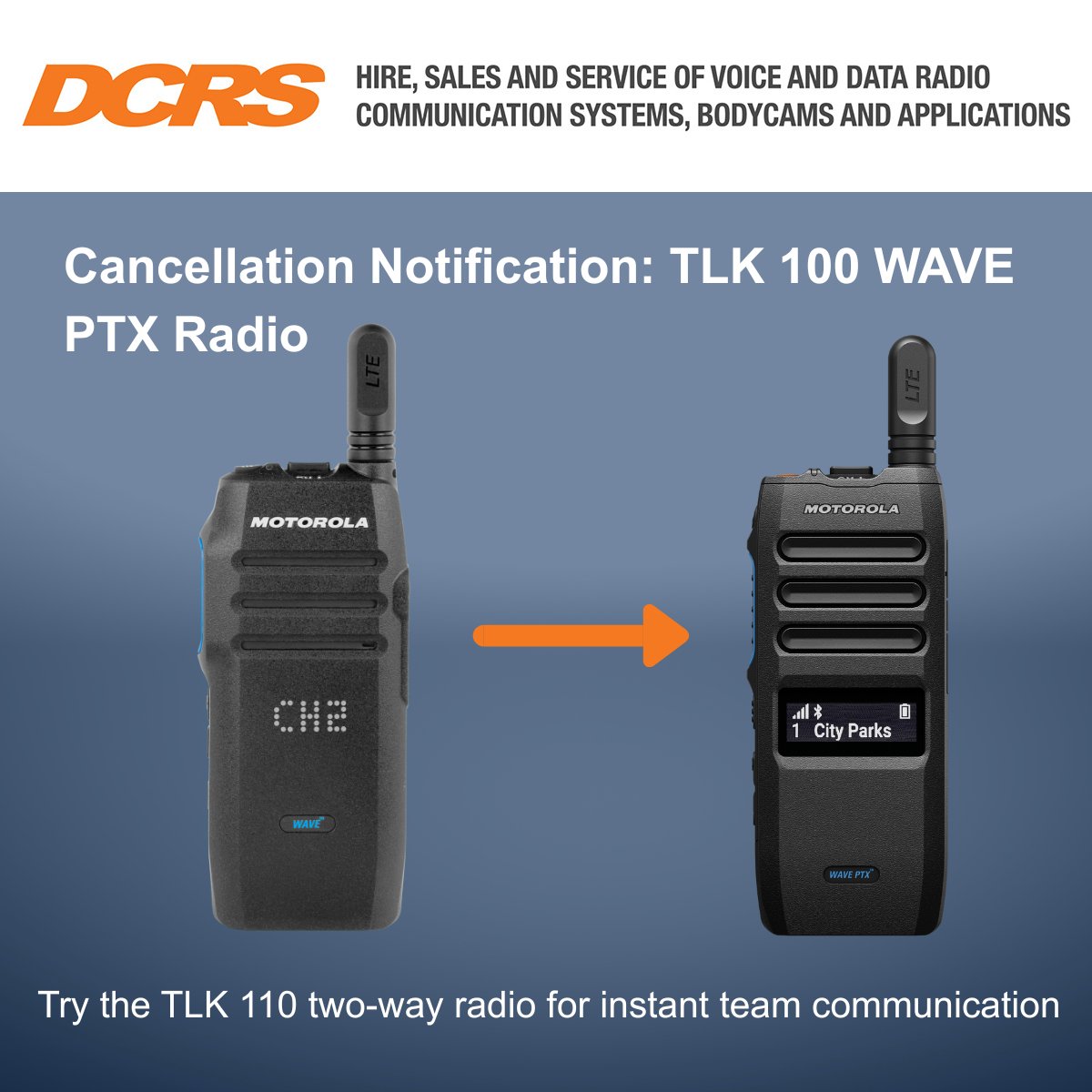 📢 The Motorola TLK 100 has been discontinued - but support and renewals continue for existing users.

✅ Works on WAVE network
✅ Support for 3 years
💡 TLK 110 now available!

Contact us to learn more: ow.ly/3o3c50X6YIY