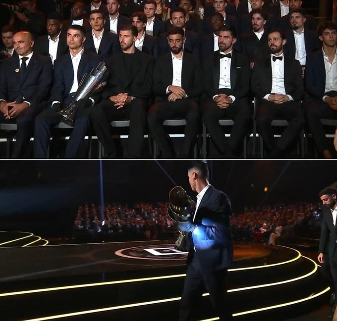 الأسطورة كريستيانو رونالدو أثناء تكريمه أمس من الاتحاد البرتغالي كان يحمل كأس دوري الأمم الأوروبية 