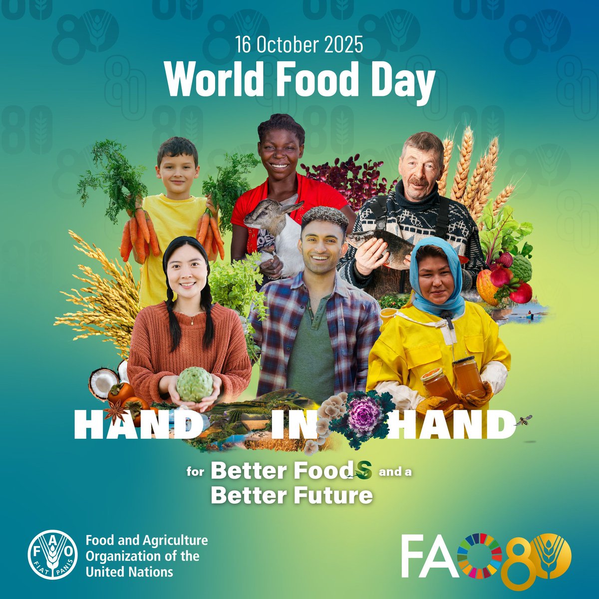 Food is our future.

#WorldFoodDay next week calls for global collaboration to build a peaceful, sustainable and food-secure world.

Let’s act Hand in Hand — across borders, sectors, and generations — for better foods &amp; a better future.buff.ly/rIFzp9A

#FAO80 #FoodHeroes