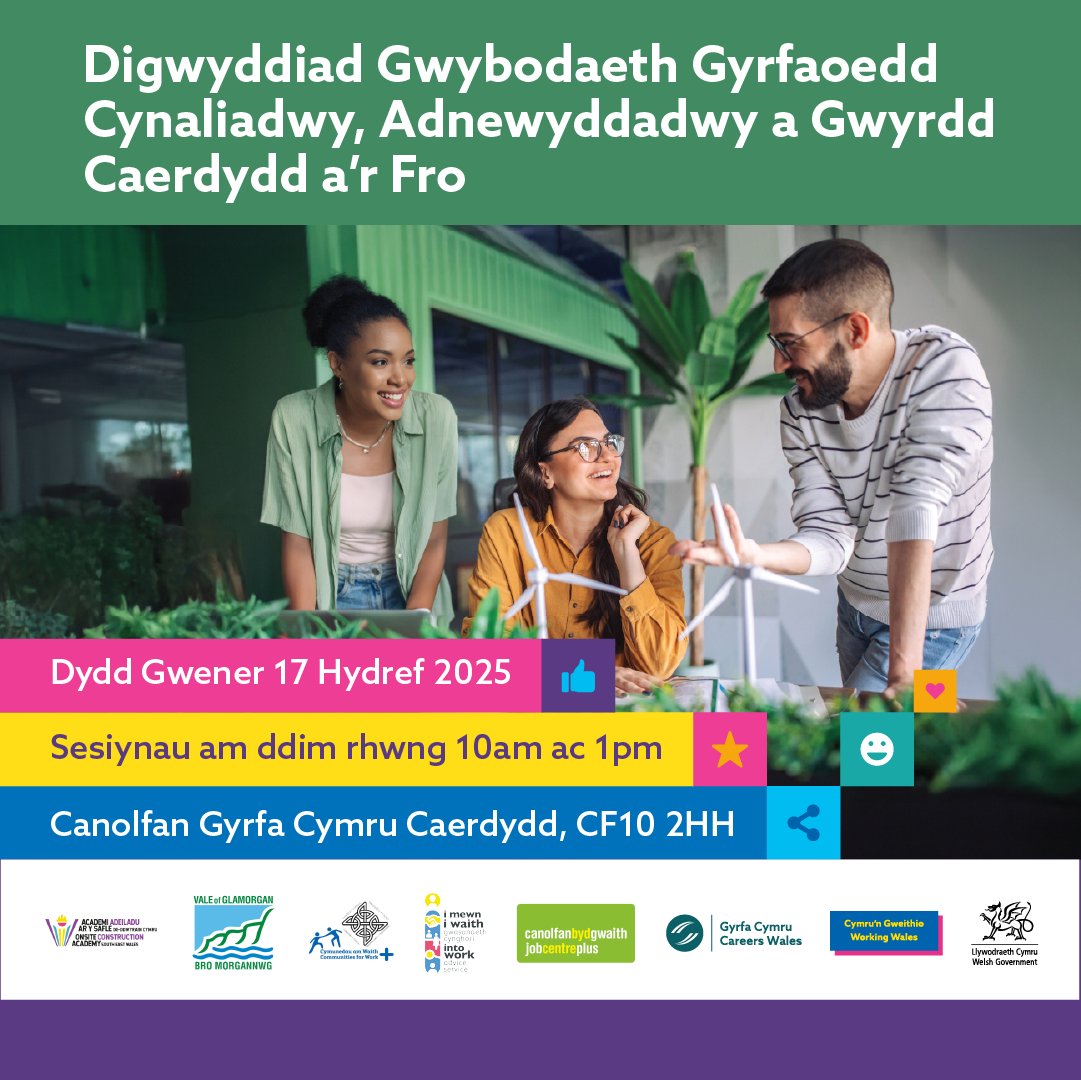 Digwyddiad Gyrfaoedd Gwyrdd Caerdydd a'r Fro🌱

📍 Canolfan Gyrfa Cymru Caerdydd
📆 Dydd Gwener 17 Hydref 
⏰10am–2pm (10–11am awr dawel)

Cwrdd â chyflogwyr, darganfod hyfforddiant a llwybrau gyrfa cynaliadwy!

eventbrite.co.uk/e/cardiff-vale…

#GyrfaoeddGwyrdd #Cynaliadwyedd
