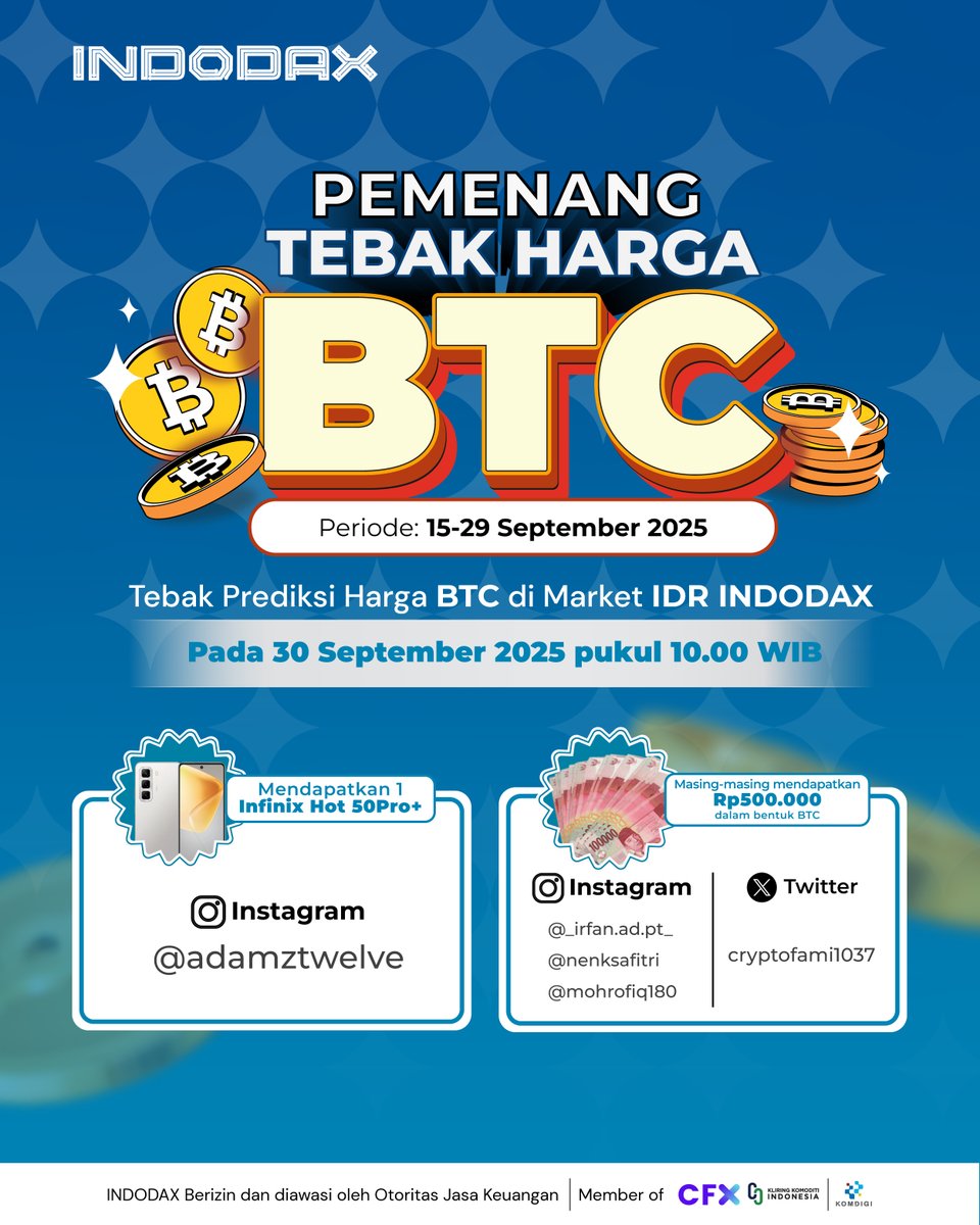 indodax's tweet image. Selamat untuk pemenang giveaway Tebak Harga BTC (15-29 September 2025)  🚀

Berikut adalah username pemenang yang berhak mendapatkan hadiah Infinix Hot 50Pro+ untuk 1 pemenang dan Rp2 juta untuk 4 pemenang

Pemenang akan dihubungi oleh tim kami melalui social media resmi INDODAX…