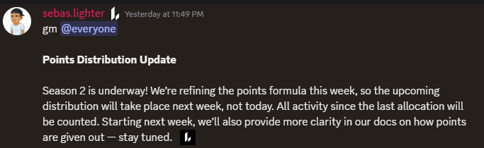 Glighter friends
We dont have point distribution this week. It will be next week . All activity since the last allocation will be counted.

<a href="/Lighter_xyz/">Lighter</a> on Top