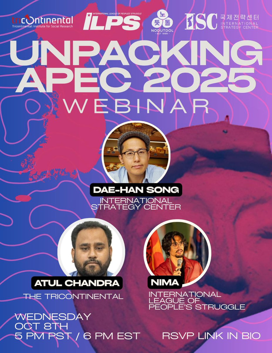 APEC is back — and it’s in Korea. What is really on the table, and who benefits?

Join our webinar “Unpacking APEC 2025” with 

Dae-Han Song , <a href="/AtulCha83952246/">Atul Chandra</a> , and Nima (ILPS).
 Wed, Oct 8 · 5 PM PDT / 8 PM EDT 

Registration link: us02web.zoom.us/webinar/regist…

#apec2025korea
