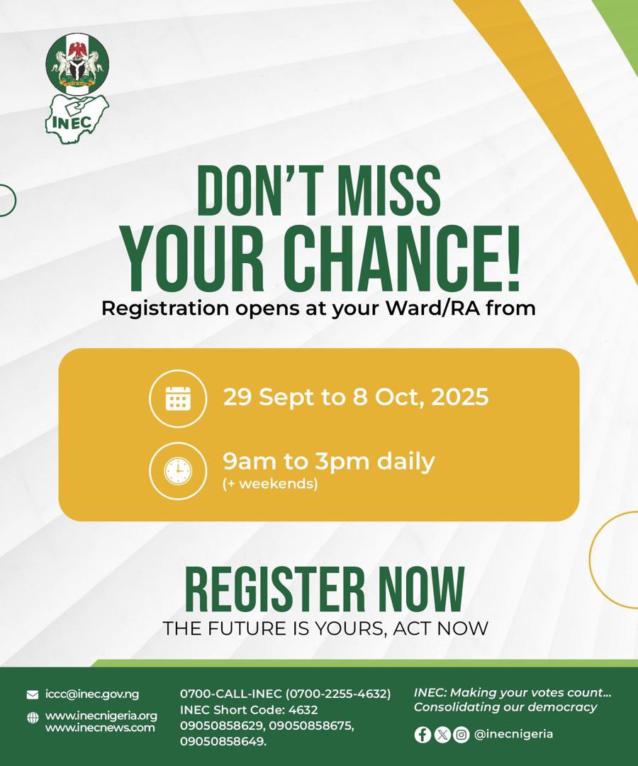 dahtgirl_ajex's tweet photo. 📢 ATTENTION ABUJA RESIDENTS

🗳️ @inecnigeria Voter Registration (CVR) ends TODAY in the FCT!
⏰ This is your LAST chance to register and be eligible to vote in the FCT Area Council Elections by  February, 2026.

📍Visit the nearest INEC CVR centre before it closes today. 👉🏽 https://t.co/jc4sxMTfKA
Don't miss it!
