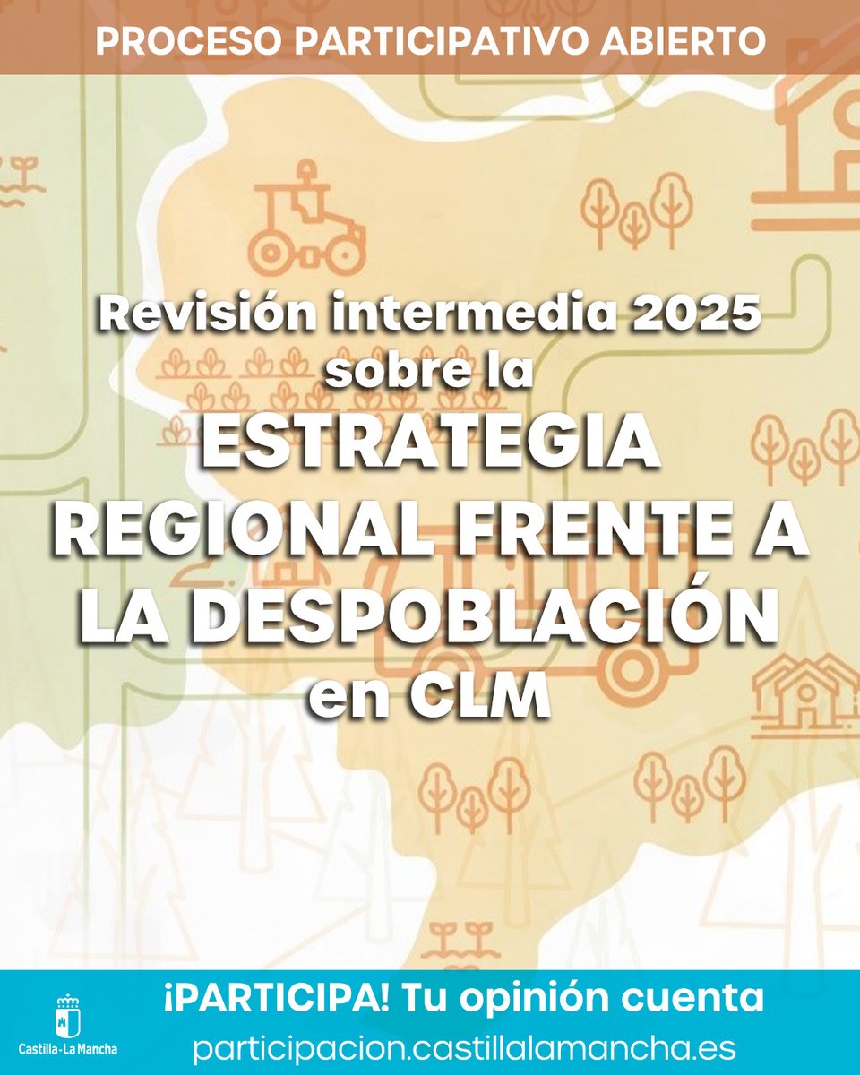 La Estrategia frente a la Despoblación de #CLM está en marcha y es el momento de su revisión y actualización. 

Comparte tus ideas y propuestas para lograr un medio rural con las mismas oportunidades y servicios que las zonas urbanas. Tu voz cuenta 💬
👇
participacion.castillalamancha.es/node/1786