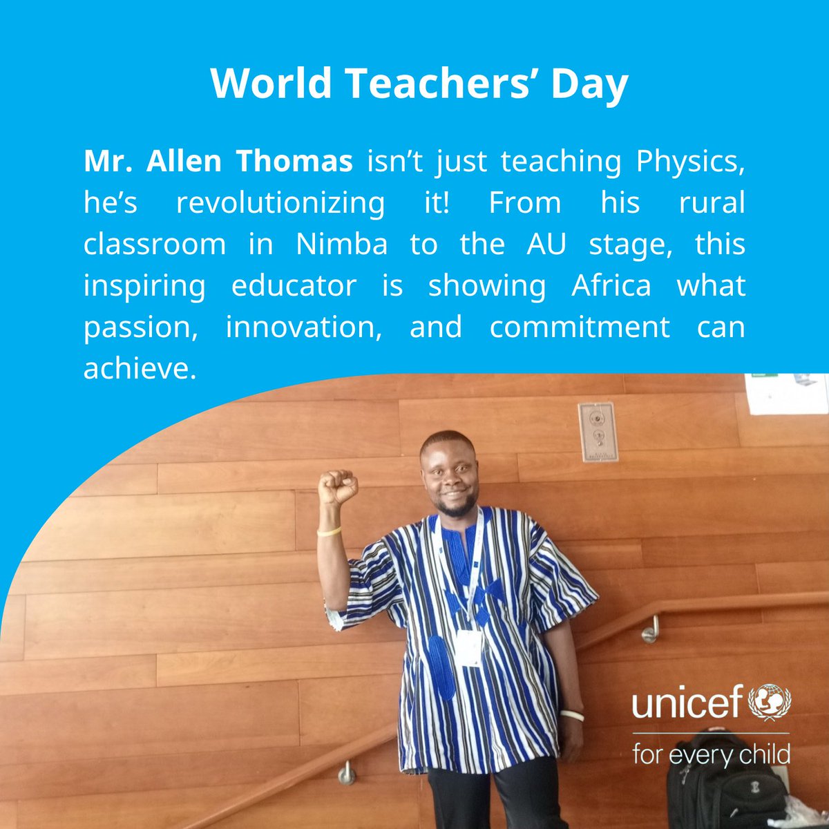 Teachers shape nations. 🍎
On #WorldTeachersDay, we celebrated Liberia’s own Allen Thomas, winner of the <a href="/_AfricanUnion/">African Union</a> 2025 Continental Best Teacher Award! 🏆
With <a href="/moeliberia/">Ministry of Education - RL</a> &amp; partners, UNICEF is helping every child learn, dream &amp; thrive. 📚🌍
#EducationForAll