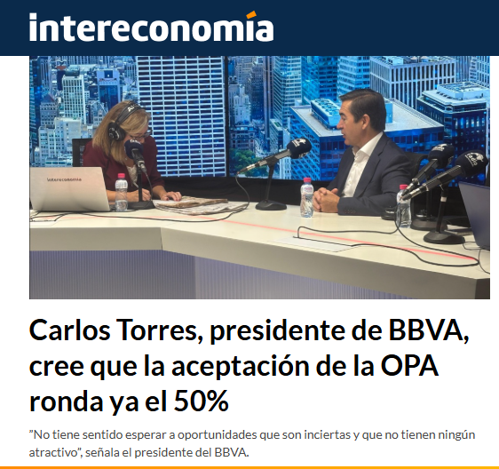 📻 ENTREVISTA en <a href="/rintereconomia/">Radio Intereconomía</a> 

Carlos Torres, presidente de <a href="/bbva/">BBVA</a> , asegura que la aceptación de la OPA sobre Sabadell supera ya el 45%.

intereconomia.com/noticia/finanz…