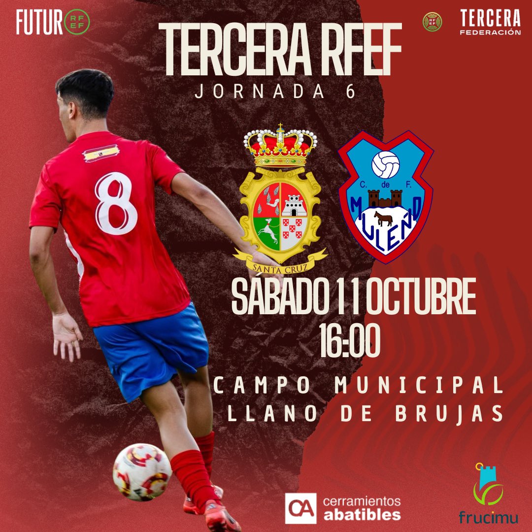 🔥𝗧𝗘𝗥𝗖𝗘𝗥𝗔 𝗥𝗙𝗘𝗙 

⚽️JORNADA 6
🆚 Atco. Santa Cruz
🗓️ Sábado 11 octubre
⏰ 16:00
🏟️ Campo Municipal Llano de Brujas

#VamosMuleñoHastaElFinal❤️🤍