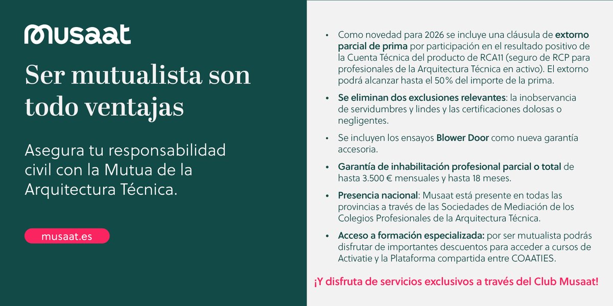 🛡️ Más protección para 2026 🛡️
Musaat ha ampliado las coberturas de su seguro RCP para profesionales de la Arquitectura Técnica:
🛑 Eliminación de dos exclusiones importantes.
🛑 Nueva garantía: ensayos Blower Door, cada vez más utilizada en rehabilitación y eficiencia energética