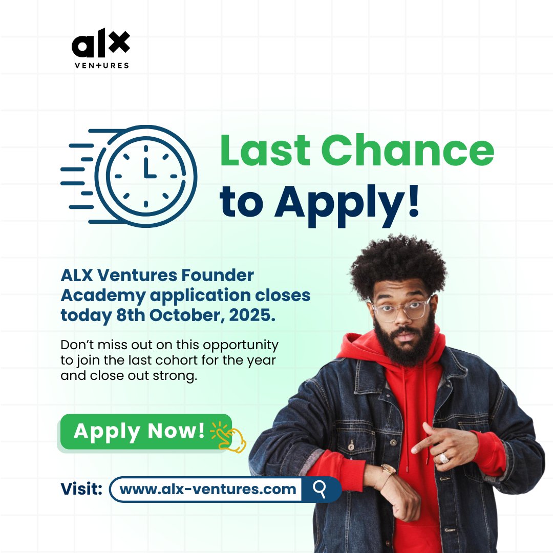🚨 LAST DAY TO APPLY!

Founder Academy Cohort 3 applications close tonight!

Got a startup idea? 💡
This is your chance to join a community of founders building real ventures.

👉 Apply now: bit.ly/FounderAcademy…

#ALXFounderAcademy #ALXVentures #DoHardThings #Startups