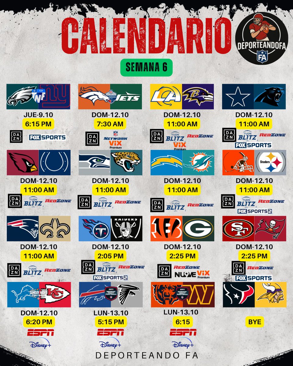 deporteandoFA's tweet photo. #DeporteandoFA
#AgendaDeporteandoAF
#NFL
Semana 6
⚠️Programación sujeta a cambios
Agradezco un rt de @pasionxcfb @HistoriaNFL @residentefutbol @AgendaDeport22 @HolyRollerNFL @Primeroydiez @PS_SportsTV @TVDELDEPOR1 @ramonovic09 https://t.co/s3dYAAOcXt