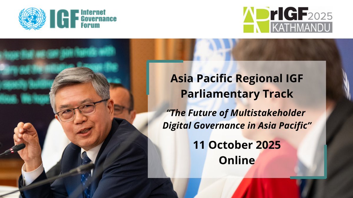 intgovforum's tweet image. 🌐 Calling Parliamentarians and Digital Policy Stakeholders!

Join us online on 11 October for the 2nd Parliamentary Track at the Asia Pacific Regional Internet Governance Forum (APrIGF) 2025!

📅 Date: 11 October 2025
💻 Format: Online
🔗 Register here: intgovforum.zoom.us/meeting/regist…