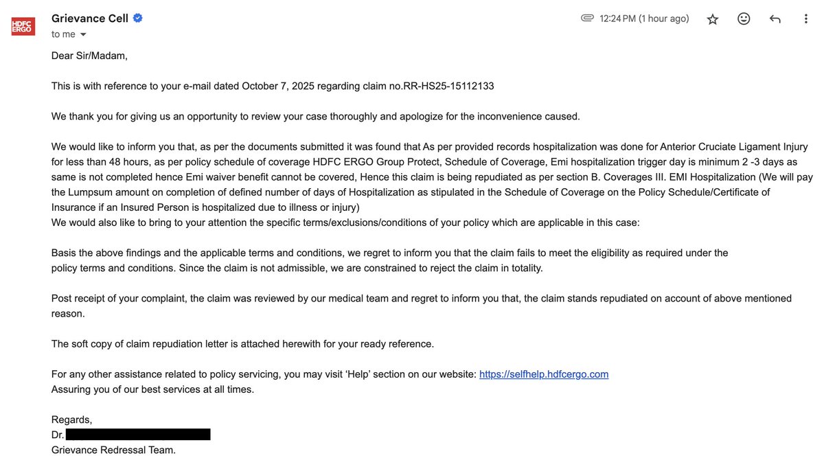Hmnshushrma's tweet image. @HDFCERGO Stop hiding behind EMI waiver clauses.
My hospitalization crossed 24 hrs — the base indemnity cover applies.
Why deny the core benefit?
#ConsumerRights #insurance 
@VidyaKrishnan @PushpaGirimaji