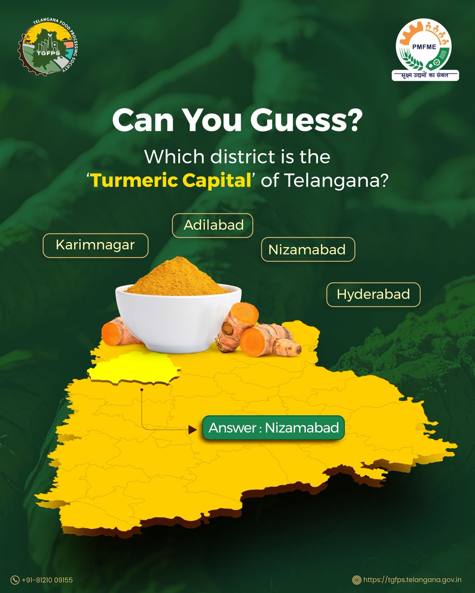 PmfmeTelangana's tweet image. The answer is Nizamabad!  
With its vast turmeric fields, Nizamabad has earned the title Turmeric Capital of Telangana, with its golden spice reaching kitchens across India. 

#PMFME #Telangana #PMFMEScheme #Nizamabad #TurmericCapital #GoldenSpice #SpiceOfLife #TurmericFields…