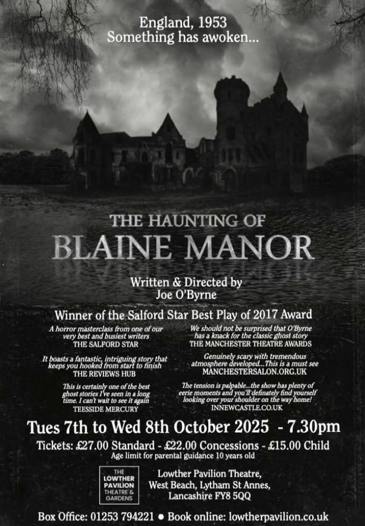 Last chance to catch 
THE HAUNTING OF BLAINE MANOR 💀👻🎃
at #LowtherPavilion TONIGHT! 7.30pm
Tickets: lowtherpavilion.co.uk/shows/the-haun…
<a href="/LythamLifeStyle/">Lytham & St Annes (love where you live & visit)</a> <a href="/VisitLytham/">Visit Lytham & St Annes-On-The-Sea</a>
<a href="/WhatsOnStage/">WhatsOnStage</a>  <a href="/TheStage/">The Stage</a> <a href="/BritTheatreGuid/">British TheatreGuide</a> <a href="/AtmoSounds/">Justin Wetherill</a> 
#TheHauntingofBlaineManor #Lytham #spookyseason #theatreuk