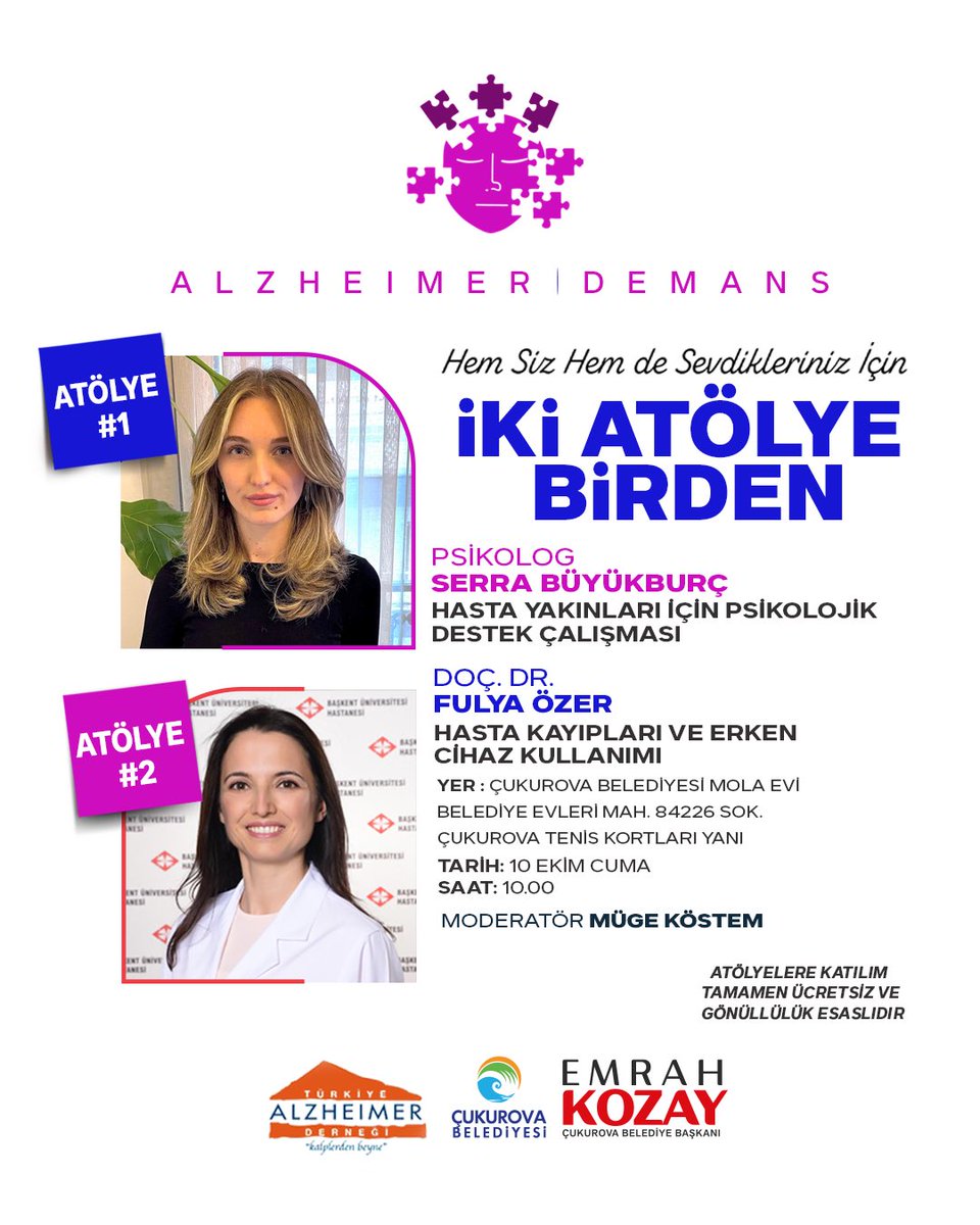 Çukurova’da büyüklerimizin hem sosyal hem ruhsal olarak aktif kalmasını destekleyen, aynı zamanda Alzheimer farkındalığını artıran özel atölyeler düzenliyoruz 💜

🔹 AKTİF YAŞ ALMA ATÖLYESİ
📍 Çukurova Belediyesi Çok Amaçlı Salon
📅 10 Ekim Cuma | 🕐 13.00 – 14.30
👩‍🏫 Moderatör: