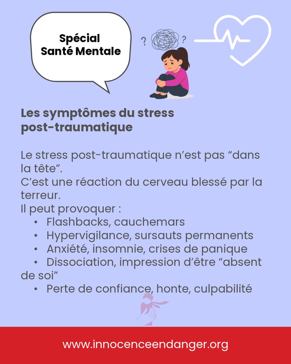 Spéciale Santé Mentale

Les symptômes du stress post-traumatique

Le stress post-traumatique n’est pas “dans la tête”.
C’est une réaction du cerveau blessé par la terreur.

#SanteMentale #StressPostTraumatique #ViolencesSexuelles
<a href="/hsellier/">Homayra Sellier</a>