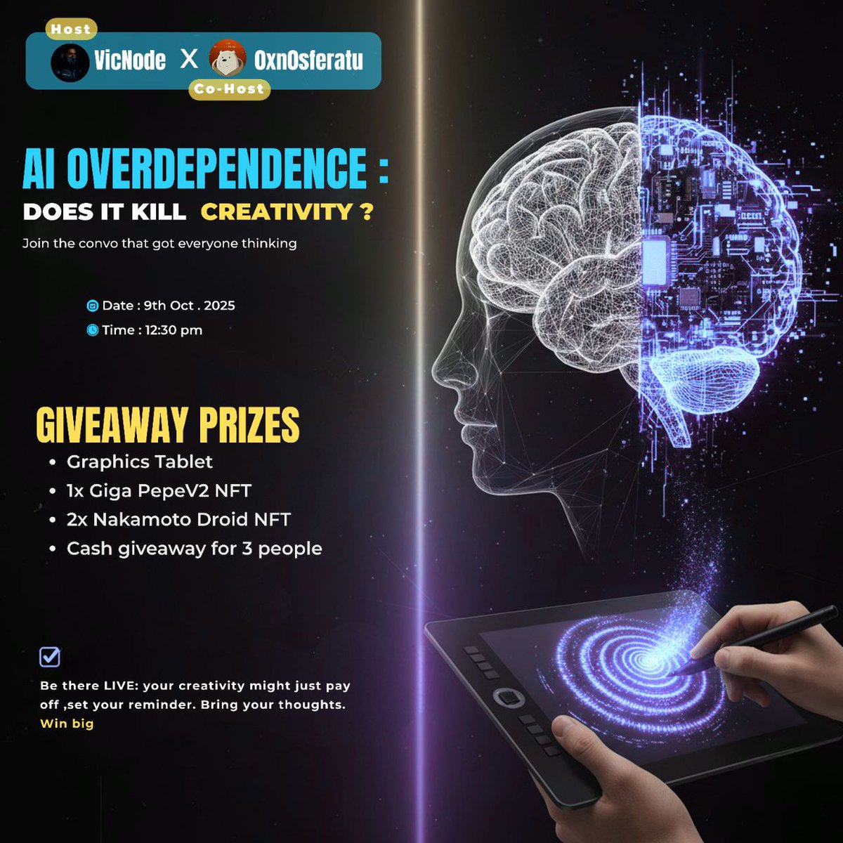 VicNode's tweet image. 🎉𝐆𝐈𝐕𝐄𝐀𝐖𝐀𝐘 𝐆𝐈𝐕𝐄𝐀𝐖𝐀𝐘🎉

𝐀𝐈 𝐎𝐕𝐄𝐑𝐃𝐄𝐏𝐄𝐍𝐅𝐄𝐍𝐂𝐄: 𝐃𝐎𝐄𝐒 𝐈𝐓 𝐊𝐈𝐋𝐋 𝐂𝐑𝐄𝐀𝐓𝐈𝐕𝐈𝐓𝐘? 
Join the convo that’s got everyone thinking 👇

𝐃𝐀𝐓𝐄:9th October 2025
𝐓𝐈𝐌𝐄: 12:30pm
We’re diving deep into the balance between 𝐇𝐔𝐌𝐀𝐍 𝐆𝐄𝐍𝐈𝐔𝐒…