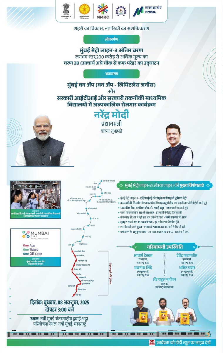 MumbaiMetro3's tweet image. लंबा इंतजार खत्म! मा. प्रधानमंत्री मोदीजी आज एक्वा लाइन के अंतिम चरण का उद्घाटन कर रहे हैं; अब पूरा हुआ मुंबई का भूमिगत सपना।🚇✨