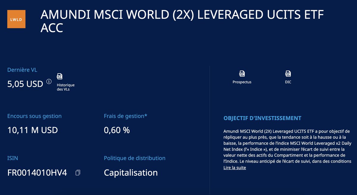 🚨 Amundi lance le 1er ETF MSCI World (X2) Levraged disponible sur PEA 🚀

🆔 Nom : Amundi MSCI World (2x) Leveraged
🔍 Code ISIN : FR0014010HV4 ($LWLD)
💸 Frais : 0,60%
💰 Dividendes : Capitalisés
✔️ Part : 5$

Comptez-vous investir dessus ? 🤔
⚠️ Attention au Beta Slippage