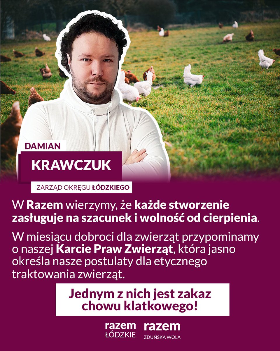 damian_krawczuk's tweet photo. W Razem wierzymy, że każde czujące stworzenie zasługuje na szacunek i wolność od cierpienia. W tym szczególnym miesiącu dobroci dla zwierząt chcę przypomnieć o naszej "Karcie Praw Zwierząt" – dokumencie, który jasno definiuje nasze postulaty na rzecz etycznego traktowania zwierząt w rolnictwie i nie tylko. Przede wszystkim domagamy się natychmiastowego wprowadzenia zakazu chowu klatkowego w Polsce i całej Unii Europejskiej. To barbarzyńska praktyka, która skazuje miliardy zwierząt na życie w ciasnych, nienaturalnych warunkach, bez możliwości ruchu, dostępu do świeżego powietrza czy realizacji instynktownych zachowań. W Polsce aż 71,8% kur niosek jest trzymanych w tzw. klatkach wzbogaconych, które wcale nie gwarantują dobrostanu. Popieramy Europejską Inicjatywę Obywatelską „Koniec Epoki Klatkowej”, która zyskała poparcie Parlamentu Europejskiego i milionów obywateli. Kraje jak Luksemburg, Austria czy Szwecja już zakazały takich praktyk, pokazując, że zmiana jest możliwa. W naszej Karcie Praw Zwierząt idziemy dalej: postulujemy zakaz okaleczających zabiegów, jak przycinanie dziobów u kurcząt czy kastracja bez znieczulenia; odejście od ras brojlerów szybko rosnących, które cierpią na deformacje; likwidację klatek dla świń na rzecz chowu wolnostanowiskowego; zwiększenie dostępu do wypasu dla krów (obecnie tylko 10% ma taką możliwość). Chcemy też ograniczyć transport zwierząt do 8 godzin, wprowadzić monitoring w ubojniach i promować diety roślinne w placówkach publicznych, by zmniejszyć popyt na produkty z przemysłowej hodowli. To nie tylko kwestia empatii – to sprawa zdrowia publicznego, środowiska i zrównoważonego rolnictwa. Przemysłowy chów zwierząt sprzyja również epidemiom i przenoszeniu chorób na ludzi, ponieważ stłoczone w ciasnych warunkach zwierzęta, narażone na stres i nadużywanie antybiotyków, stają się świetnym środowiskiem dla mutacji i rozprzestrzeniania się patogenów.
Więcej o naszej karcie praw zwierząt przeczytasz na naszej stronie:
https://t.co/mt8L2OhUTE
Dołącz do nas i razem zmieńmy Polskę na bardziej humanitarną.