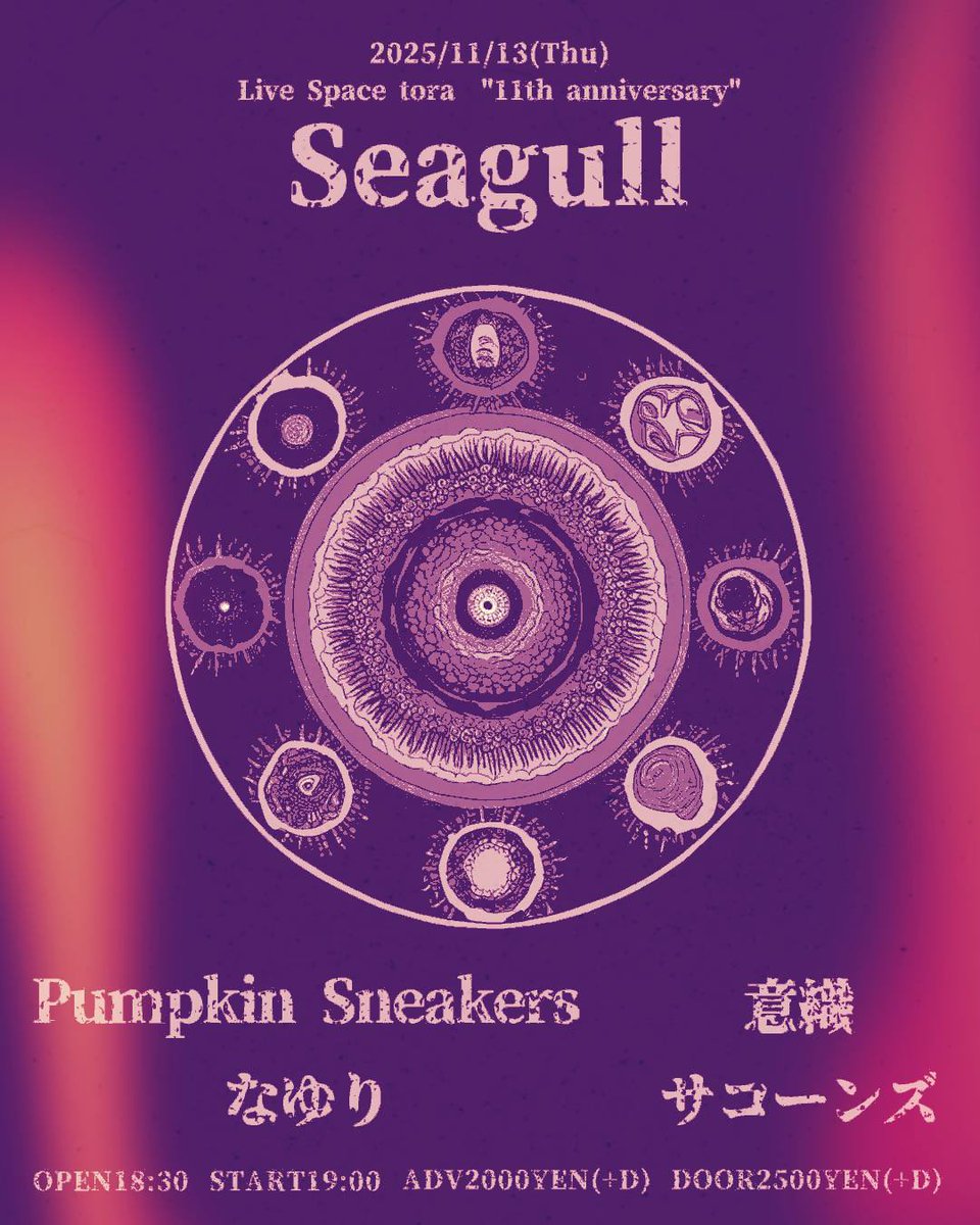 2025.11.13.Thu 尼崎 tora
Live space tora 11th anniversary
[Seagull]

Pumpkin Sneakers
意識
なゆり
サコーンズ

18:30/19:00
2,000yen/2,500yen