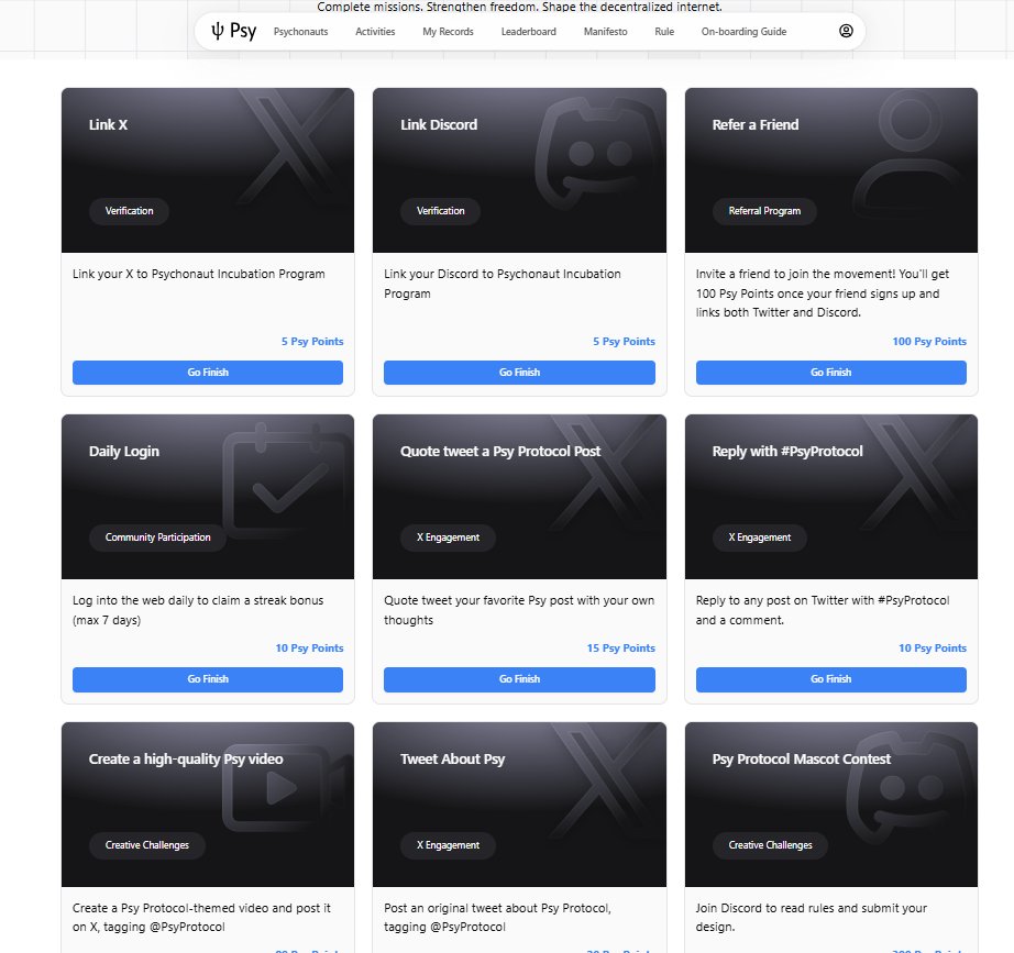 asahi_131's tweet image. 1. @PsyProtocol ~ A privacy-focused protocol designed to give users full control, transparency &amp;amp; security.
#PsyProtocol
• Raised $9M
psy.xyz/psychonaut?ico…
STEPS👇
- Connect Wallet
- Click On Activities 
- Complete Simple Tasks &amp;amp; Earn Points