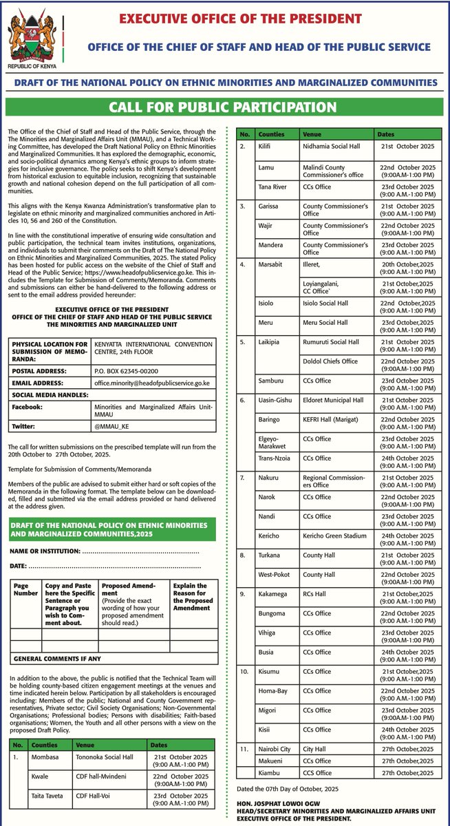 Call for Public Participation: Draft of the National Policy on Ethnic Minorities and Marginalized Communities
<a href="/MyGovKe/">My Gov</a>